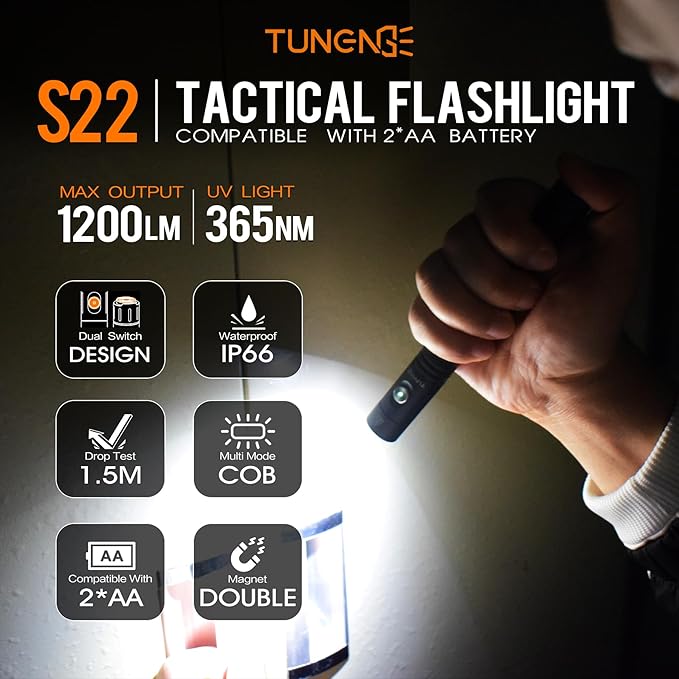 S22 2AA Tactical EDC Dual Mode Flashlight Rechargeable,1200 High Lumen Pocket Flashlight with Magnet,Dual Switch Mini LED Flashlight and Side Light COB Light 4 Mode, 365nmUV