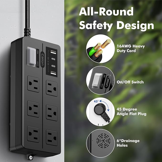 IPX6 Outdoor Power Strip Weatherproof, Waterproof Surge Protector with 6 Wide Outlet with 2A2C USB Ports, 15FT Long Extension Cord, Wall Mountable for Outside Decorations and More UL Listed(Black)