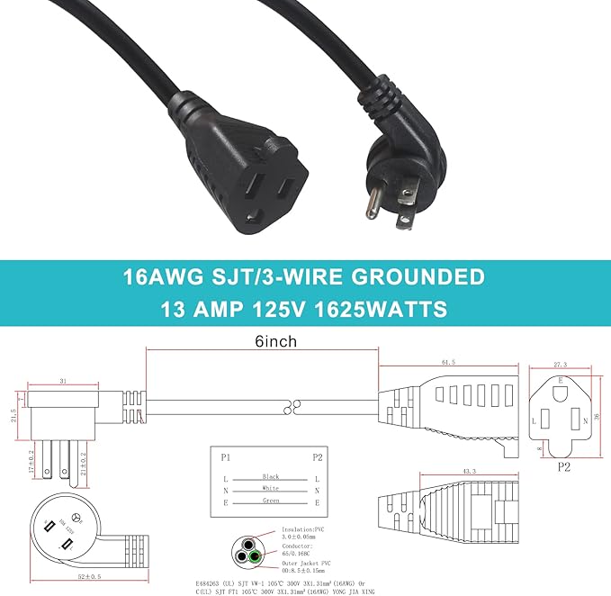 [5 Pack] Flat Plug Short Power Extension Cord - 6inch Black Low Profile Flat Head 3 Prong Grounded Indoor Extension Cord,16AWG 13amp Household Appliance Electrical Extension Cord with Flat Wall Plug