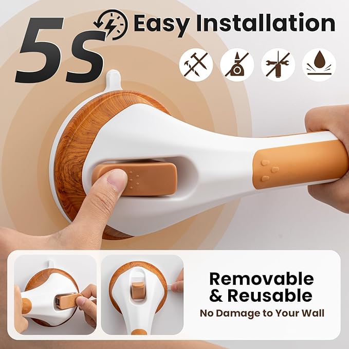 TAILI Grab Bars for Bathtubs and Showers 2 Pack Suction Grab Bar, Heavy Duty Shower Handle Removable Bath Handrails for Seniors and Elderly, Bathroom Safety Grip No Drilling Waterproof,Wood Grain