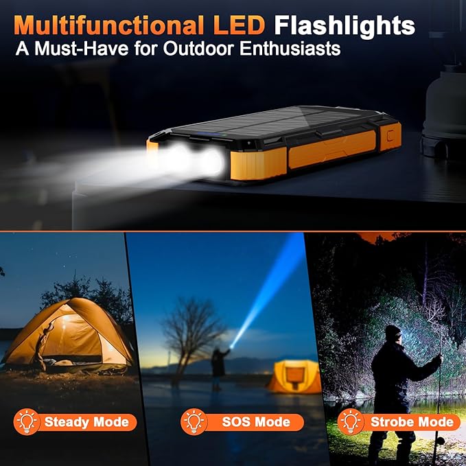 WONGKUO Solar Charger Power Bank - 49800mAh Solar Phone Charger with USB-C in/Output, QC 3.0 Fast Charging with LED Flashlight, Portable Power Bank Built-in 4 Cables, IP65 Waterproof Fits for Outdoor