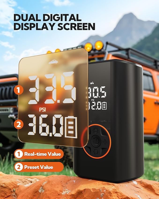 Tire Inflator Portable Air Compressor - Cordless Air Pump with Digital Tire Pressure Gauge, 3X Fast Inflation, Accurate Dual LCD Display & LED Light for Car Motorcycle E-Bike Ball