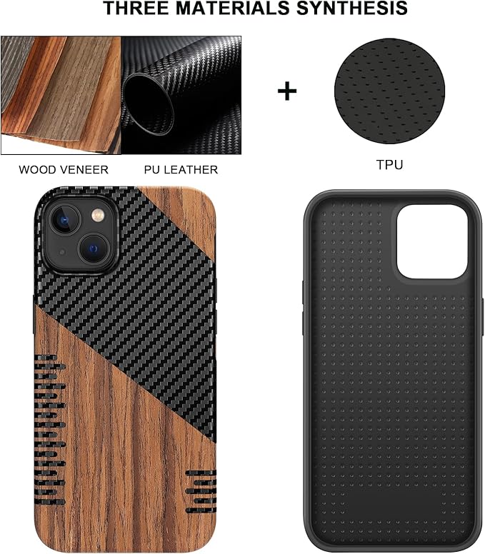 TENDLIN Compatible with iPhone 15 Case Wood Grain with Carbon Fiber Texture Design Leather Hybrid Slim Case (Twill)