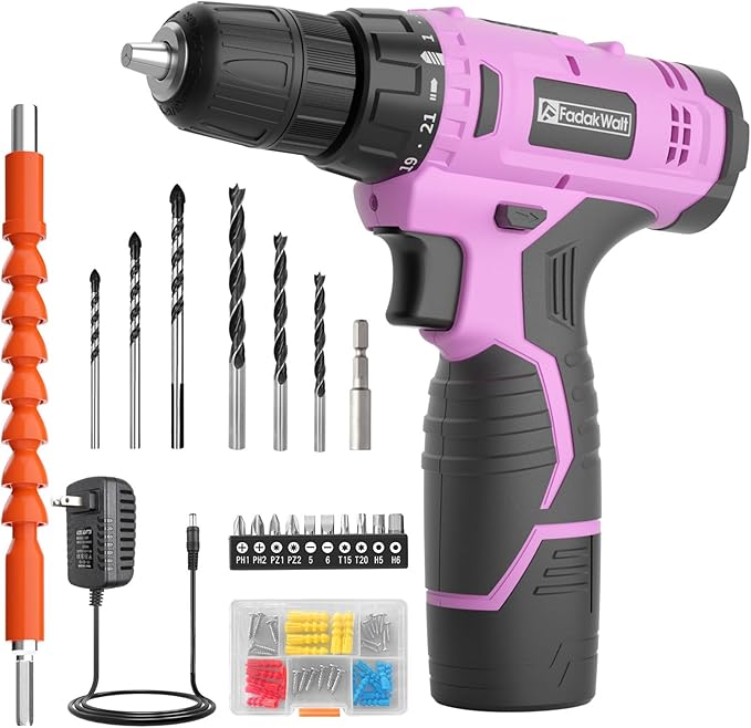 Cordless Drill Set, 12V Power Drill Set with Battery and Charger, 3/8'' Keyless Chuck, 21+1 Torque Setting, 180 inch-lbs, Pink Electric Drill for Women's Garden DIY Projects（Pink)