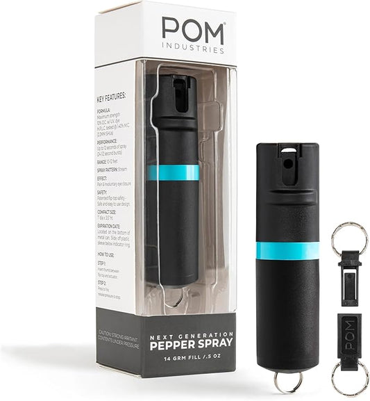 POM Pepper Spray Keychain, Quick Key Release for Instant Access, Flip Top Safety, Maximum Strength OC Formula with UV Marking Dye, 25 Bursts, 10 ft Range, 0.5 fl oz