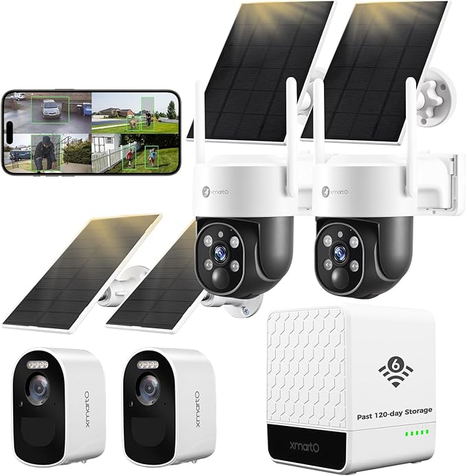 xmartO 2K QHD Wireless Solar Security Camera System for Homes, 2 Fixed Cameras & 2 PTZ Surveillance Cameras with WiFi 6 Base (Long Range WiFi, 4-CAM View, Past 120-day Storage, 0 Monthly Fee)