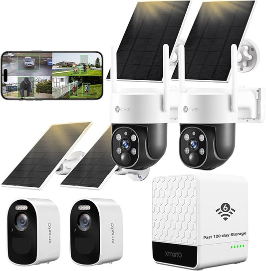 xmartO 2K QHD Wireless Solar Security Camera System for Homes, 2 Fixed Cameras & 2 PTZ Surveillance Cameras with WiFi 6 Base (Long Range WiFi, 4-CAM View, Past 120-day Storage, 0 Monthly Fee)