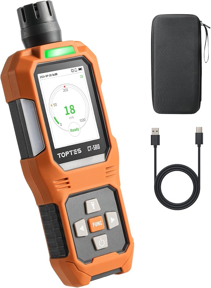 CT-580 Portable Carbon Monoxide Detector, Rechargeable CO Detector with Vibration, Visual & Audible Alarms, 0-1000PPM, TFT Color Display for Home, Camping, Travel, Industrial & Professional Use