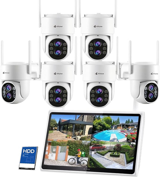 Kittyhok Wireless Security Camera System Outdoor with Monitor, 6pcs 2K Dual Lens PTZ Security Cameras, 10X Mixed Zoom, Auto Tracking, Human Detection, Spotlight, 10CH NVR with 10" Monitor, 500GB HDD