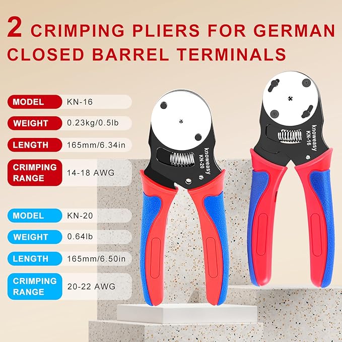Knoweasy Crimp Tool Kit for Deutsch DT Connectors: Close Barrel and Open Barrel Crimper, Deutsch Removal Extraction Tool, Solid and Stamped Contacts, Weather Pack Terminals - Includes 8PCS