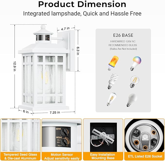 White Motion Sensor Outdoor Lights, 2-Pack Modern Dusk to Dawn Outside Light with 4 Modes, Exterior Lighting Fixtures for House, Entry, Porch, Patio, Garage, Brightness Distance Adjustable