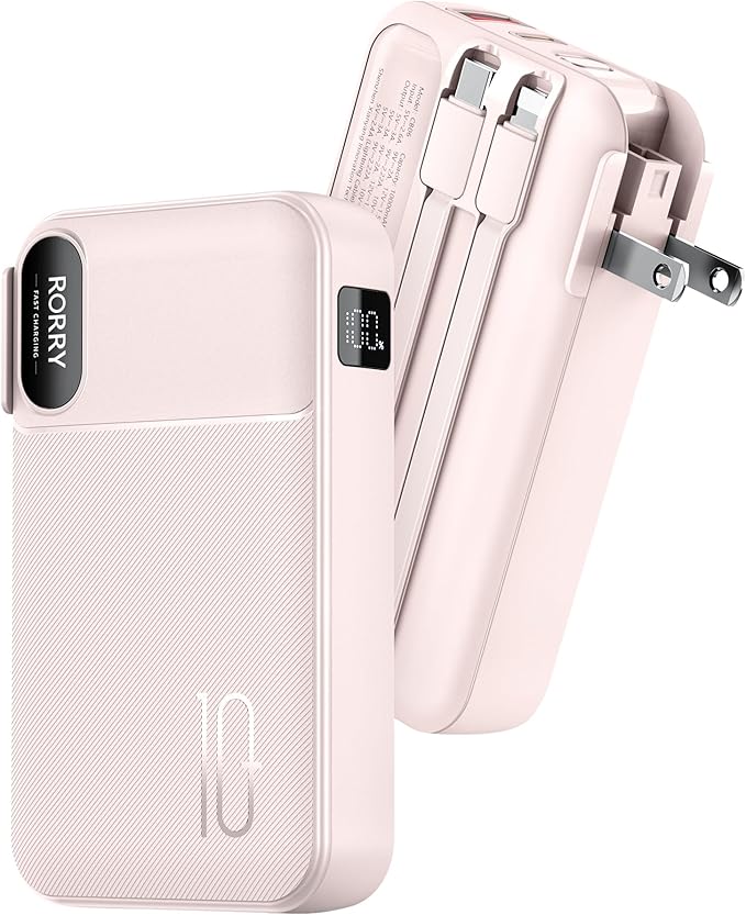 RORRY Portable Charger Built in Cables, AC Wall Plug in Portable Charger Power Bank 10000mAh Travel Battery Pack 22.5W Fast Charging for iPhone 16/15/14 Samsung Galaxy S24/S23/S22 Pixel LG iPad, Pink