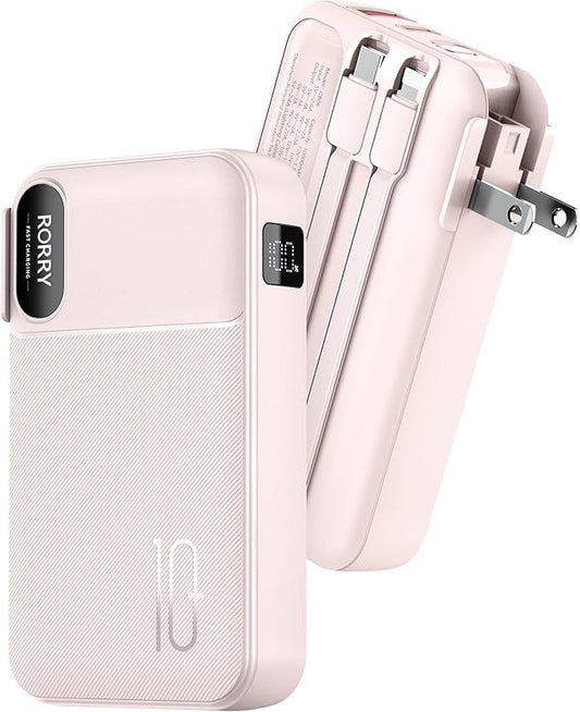 RORRY Portable Charger Built in Cables, AC Wall Plug in Portable Charger Power Bank 10000mAh Travel Battery Pack 22.5W Fast Charging for iPhone 16/15/14 Samsung Galaxy S24/S23/S22 Pixel LG iPad, Pink