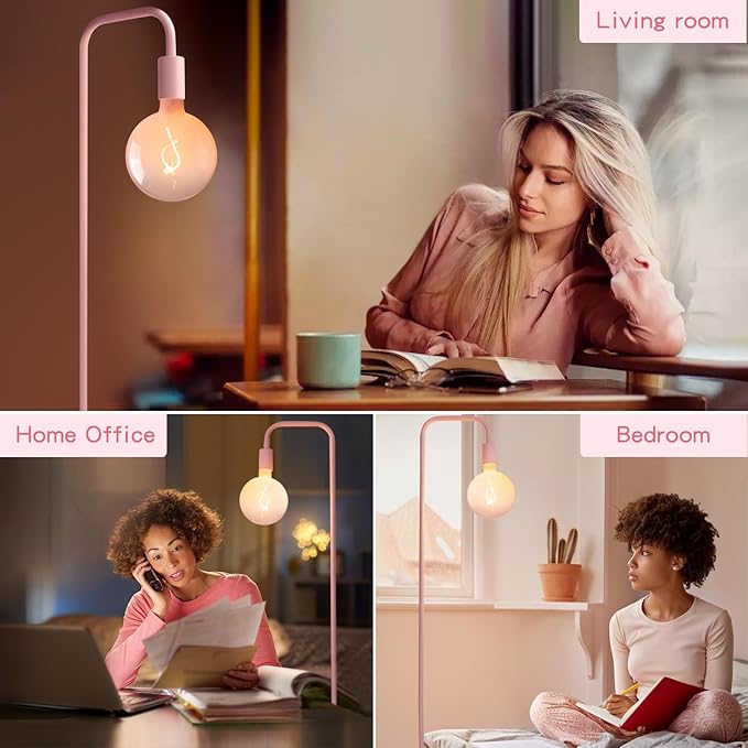 ONEWISH Pink Floor Lamp for Bedroom, Cute Standing Lamp with LED Bulb, Translucent Pink Globe Glass 2700k Warm Lighting. Globe Floor Lamp for Livingroom, Bedroom,Office