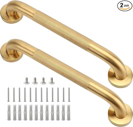 Shower Grab Bar, 2 Pack 16 Inch Gold Bathroom Grab Bar, 1.25" Diameter 304 Stainless Steel Anti-Slip Grab Bars for Bathtubs and Showers, Handicap Shower Grab Bar for Seniors Elderly