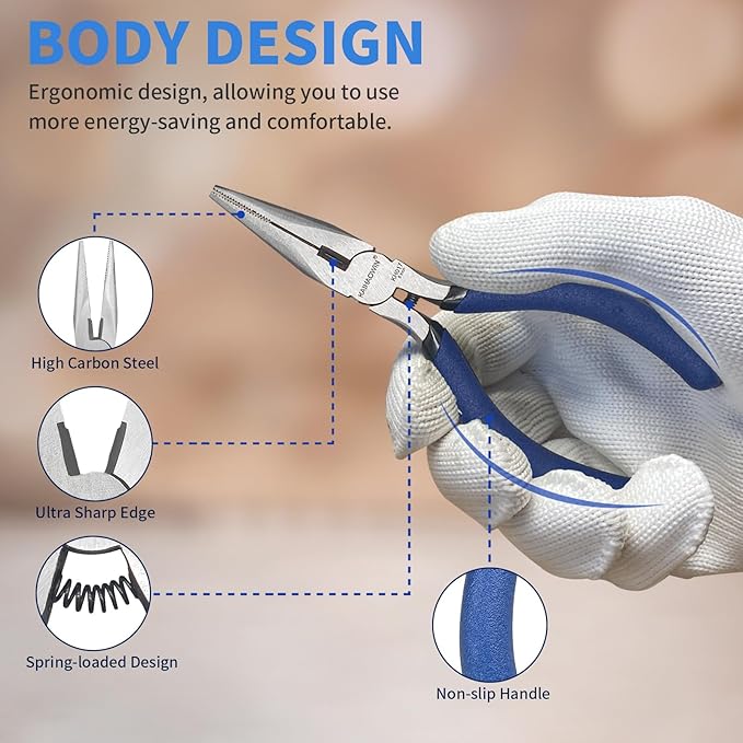 KAIHAOWIN 6-Piece Tool Set with Case, 8.8” Long Nose, Slip Joint Pliers,5” Needle Nose, 5" Flush Cutter, Rubber Mallet for Repairing & Home Use
