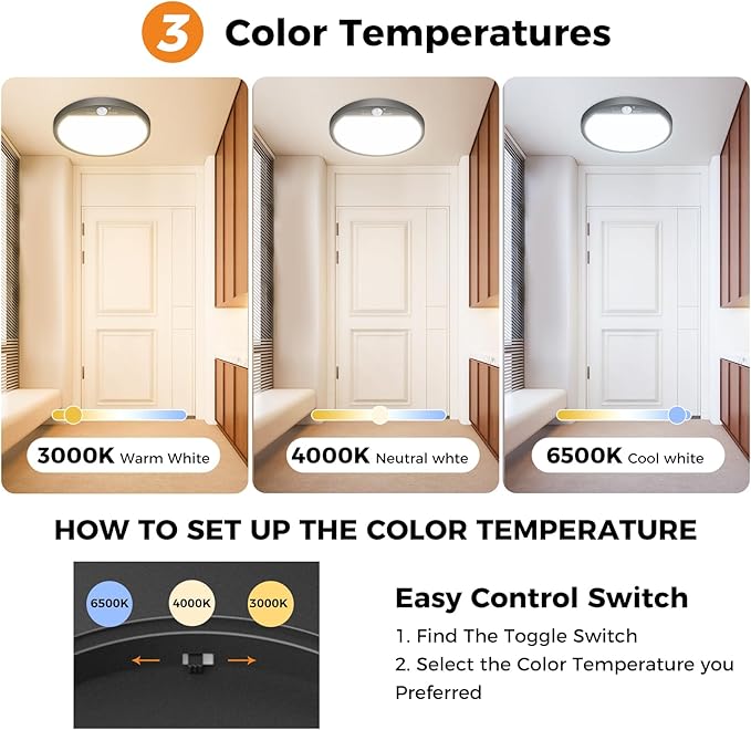 slochi 4Pack Motion Sensor Light Indoor Wired, 8.7 Inch 3000K/4000K/6500K Closet Lights Motion Sensored, 18W 1800LM Flush Mount Ceiling Light for Hallway Pantry Stairwell Porch, Black