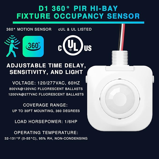 Ceiling Occupancy Motion Sensor, Passive Infrared Technology, High Bay Fixture Mount 360 Degree, Hard-Wired, 120-277 VAC, Commercial, Industrial Grade Occupancy Sensor