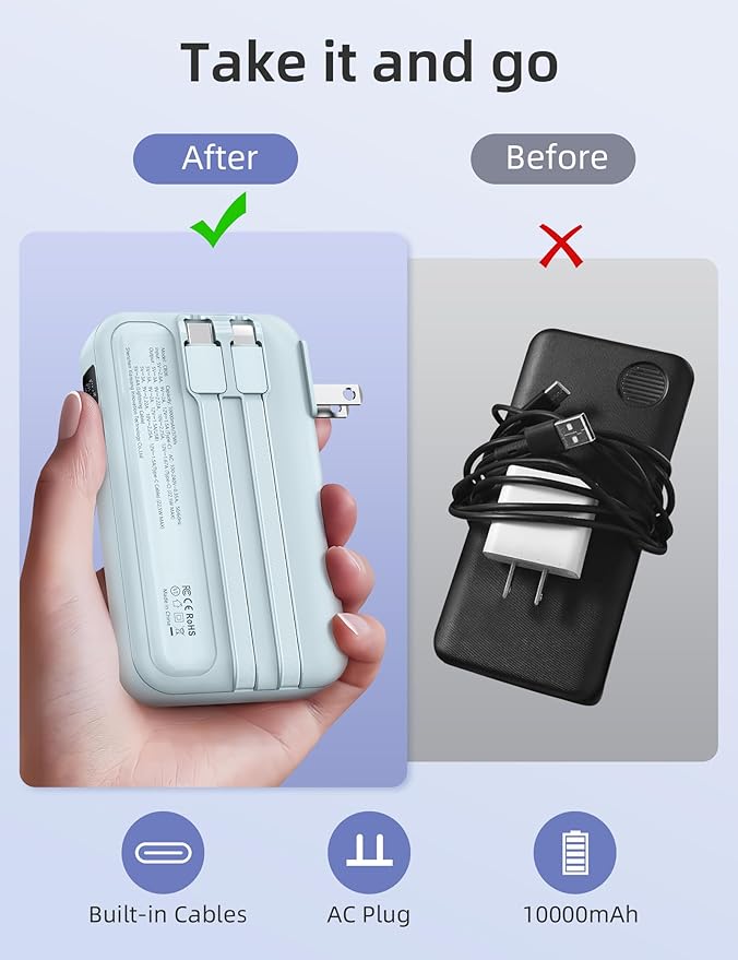 RORRY Portable Charger Built in Cables, AC Wall Plug in Portable Charger Power Bank 10000mAh Travel Battery Pack 22.5W Fast Charging for iPhone 16/15/14 Samsung Galaxy S24/S23/S22 Pixel LG iPad, Blue