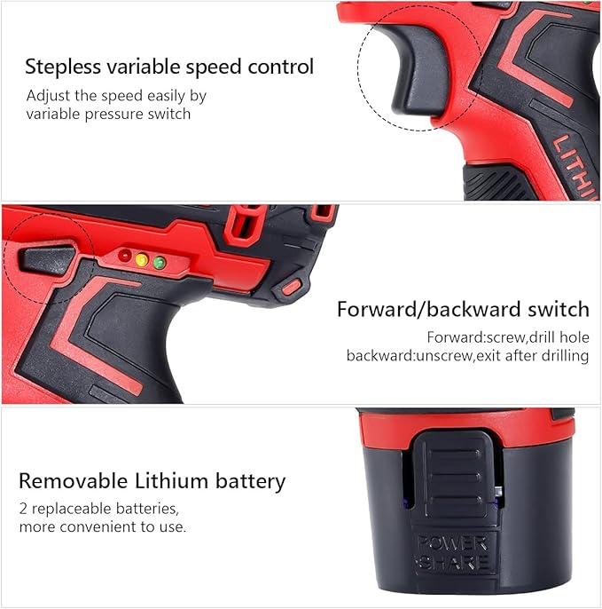 Cordless Drill Kit Power Screwdriver Set, 12.6V Electric Drill Screwdriver for Home DIY, 3/8'' Keyless Chuck, 25+1 Torque Setting, 25 Bits, Built-in LED, 2 x 1500mAh Batteries and Fast Charger,
