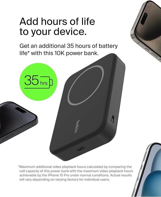 Belkin Portable Charger, Wireless Power Bank 15W 10000 mAh w/ Qi2, MagSafe Charger + Built-in Pop-up Kickstand - Compatible w/iPhone 16, 15, 14, Plus, Pro, Max, Google Pixel 10, etc. - Black