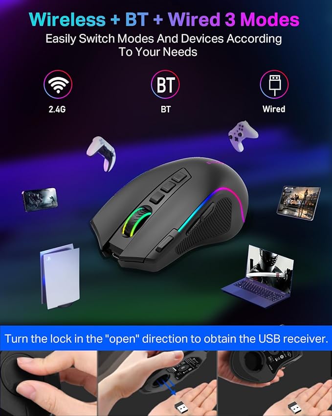 E-YOOSO Gaming Mouse, Tri-Modes Wireless/Bluetooth/Wired Rechargeable RGB Gamer Mouse with 2 Side Buttons, Rapid Fire Key, 8000 DPI, 6 Backlit Modes, 9 Programmable Buttons Macro