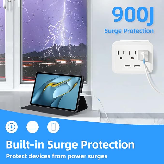 Wall Surge Protector - 3 AC Outlets and 2 USB Ports Power Strip with Premium Protection, Wall Mount Outlet Splitter, Extender Charging Station (White)