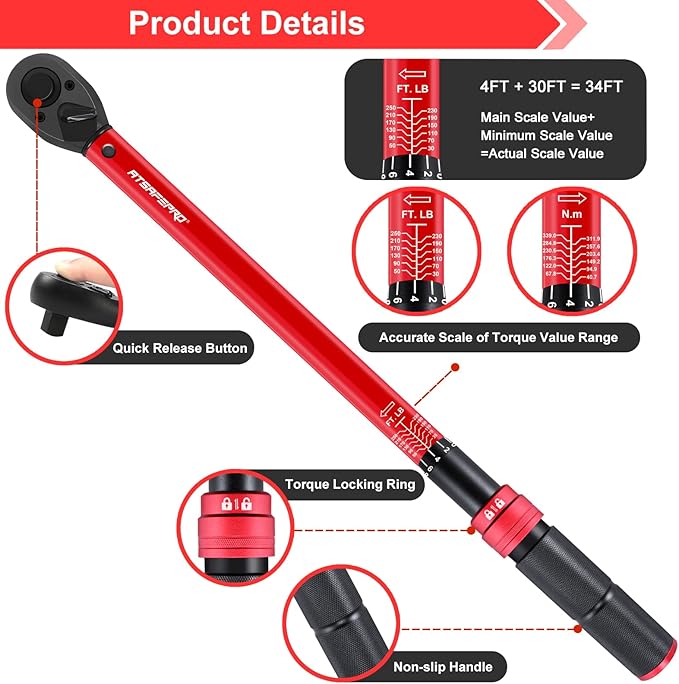 1/2 Torque Wrench,1/2 Torque Wrench 30-250 Ft Lb(40.7-339.0 Nm) Dual scale,torque wrench 1/2 drive 250 ft-lb Pre-Calibrated Accuracy+-3% - Ideal for Automotive & Heavy Machinery Use