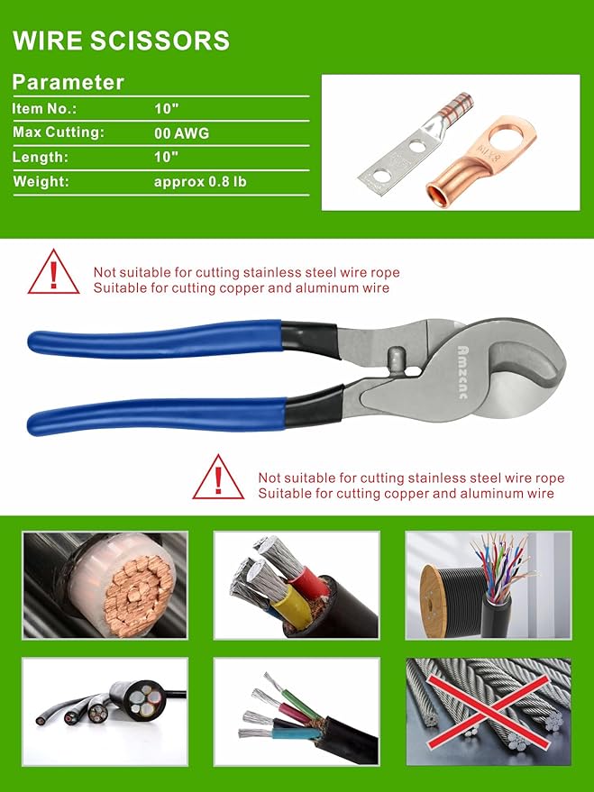 AMZCNC Hydraulic Cable Lug Crimper 8 US TON 12 AWG to 00 (2/0) Electrical Terminal Cable Wire Tool Kit with 9 Die (Crimping Tool and Copper wire scissors)