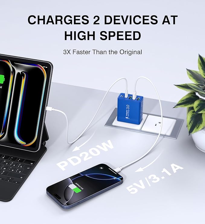 USB C Wall Charger, 50W USB C Charger Block 2-Pack 5-Port PD Fast Charging Blocks,Multiport 2USB C+3USB A Plug,Type C Power Adapter Brick Cube for iPhone 16/15/14/13,Samsung,for Switch（Dark Blue）