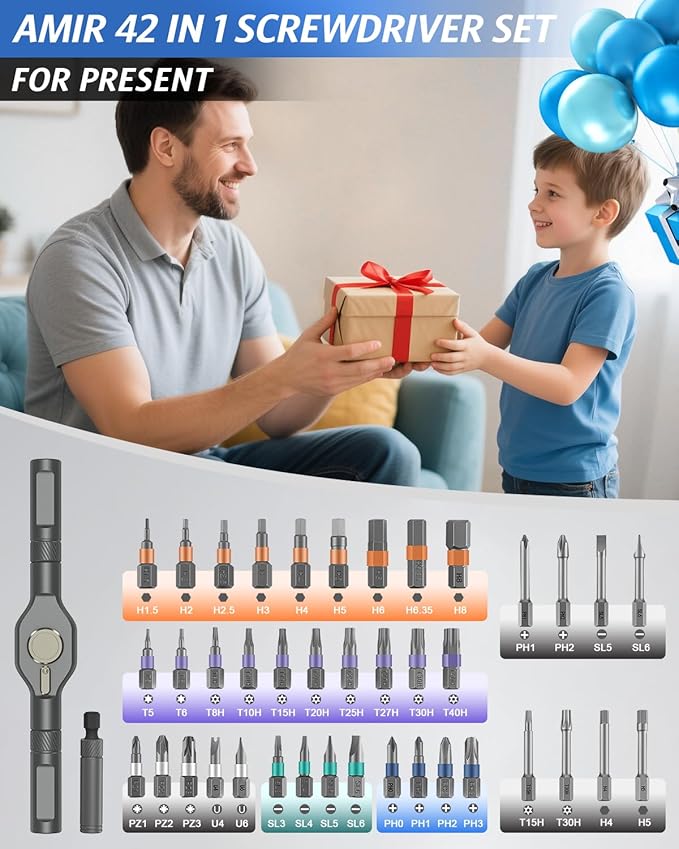 42 in 1 Magnetic Screwdriver Set, AMIR Screwdriver Set with 40 PCS Magnetic Bits, Ratcheting Screw Driver with Rotatable Ratchet Handle, Ratchet Screw Driver Kit with Carry Case