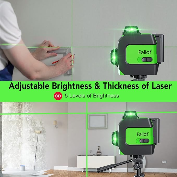 Laser Level, 3x360° Self Leveling Green Cross Line Laser for Construction and Picture Hanging with Rechargeable battery, Remote Controller, Magnetic Rotating Stand-black