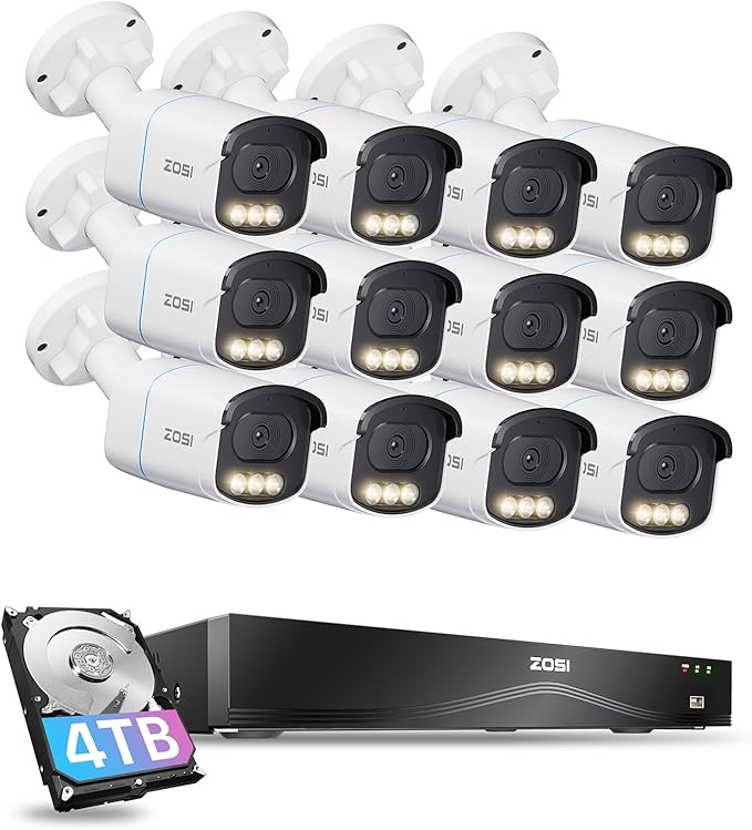 ZOSI 4K 8MP 16CH PoE Security Camera System, 12 x 3K 5MP C186 Aurora Lux True Full Color Night Vision Outdoor Indoor PoE Wired Camera, Person/Vehicle Alerts, Light & Siren, Two-Way Talk, with 4TB HDD