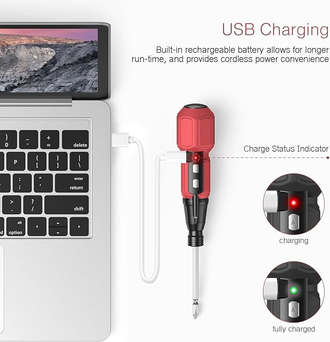 LOFICOPER Mini Electric Screwdriver Set, Rechargeable Cordless Screwdriver, Portable Power Screwdriver Kit with Charging Cable, LED Lights, for Phones, PC, Toys, Red