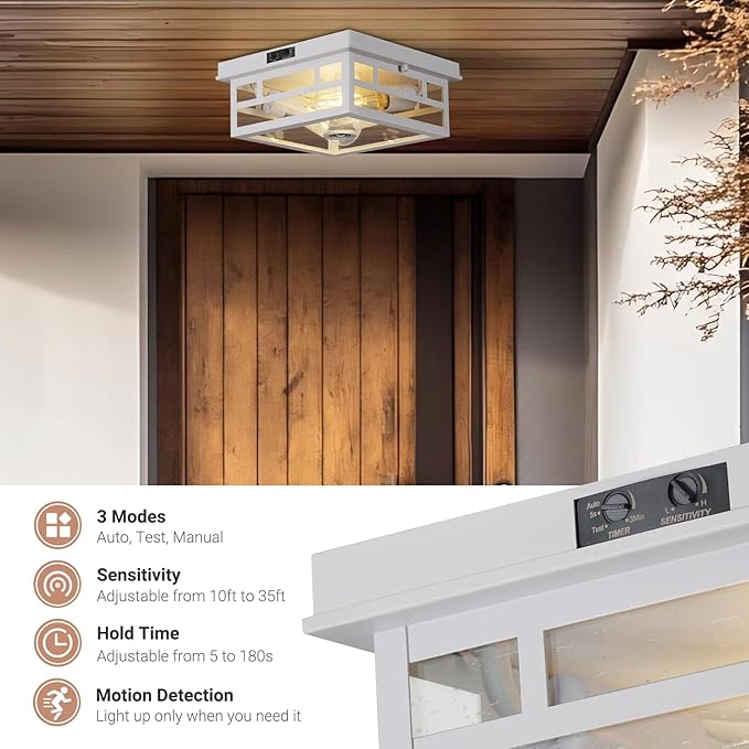 Outdoor Flush Mount Motion Sensor White Ceiling Light - Timeless Industrial Design with Seeded Clear Glass for Your Porch, Driveway, Covered Patio, Farmhouse, and Entryway