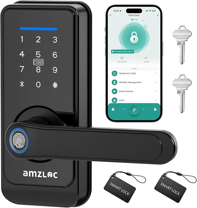 Smart Fingerprint Lock,Lever Door Handle Lock with Keypad,Keyless Entry Door Lock for Front Door and Bedrooms,Electronic Code Deadbolt Lock with Handle,Bluetooth App Control,IP65 Weatherproof