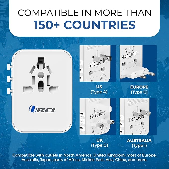 OREI 25Watt Universal Travel Adapter | 2X USBC 1XUSB A - 4-in-1 Universal Power Adapter | Universal Chargers for All Devices compatible 150+ Countries | Type C, A, G, I Compatible