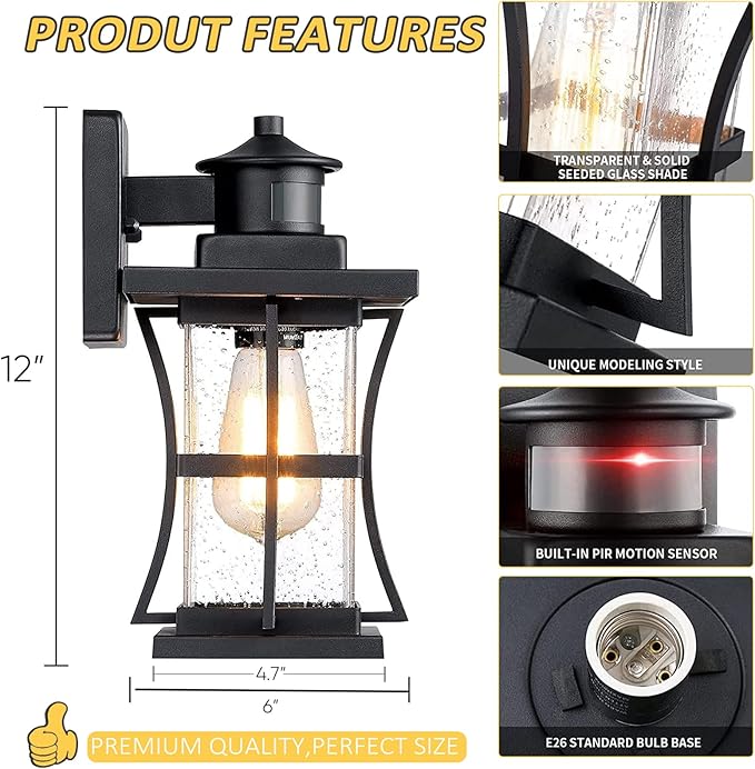 2 Packs Motion Sensor Outdoor Wall Lights - Upgrade Dusk to Dawn Porch Lighting, LED Exterior Lantern Fixture Wall Sconce, Waterproof Outside Light For House, Black Anti-Rust Lamp For Garage Doorway