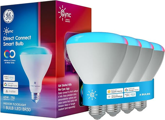 Cync GE BR30 LED Smart Light Bulbs, Indoor Floodlight Bulb, Color Changing Room Decor, WiFi Lights, Compatible with Alexa and Google Home, Matter Compatible (4 Pack)