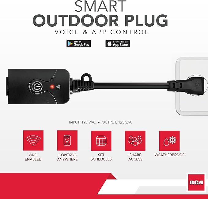 RCA Weatherproof Outdoor Smart Plug w/Outlet Cover, Accessory for Garden & Patio Lights, Lamp, Holiday Decorations, Parties | Set Schedules, Timers | Works w/Google & Alexa Devices for Home, RCA App