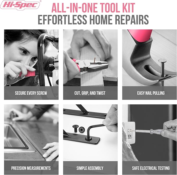 Hi-Spec 13pc Pink Small Compact Womens Ladies Hand Mini Tool Kit Set for Home & Office DIY. Household Basic Repairs in a Portable Toolbox Case