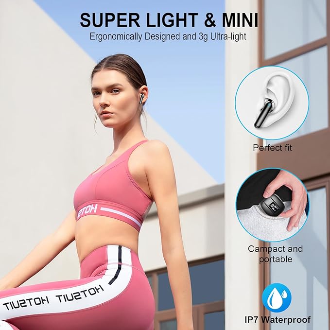 Wireless Earbuds, Bluetooth 5.4 Headphones, 48H, Stereo Ear Buds, LED Display Earphones with Mic, IP7 Waterproof In EarBud, Comfort Fit, Bluetooth Earbuds for Phone Android iOS, Sport, Walk, Black