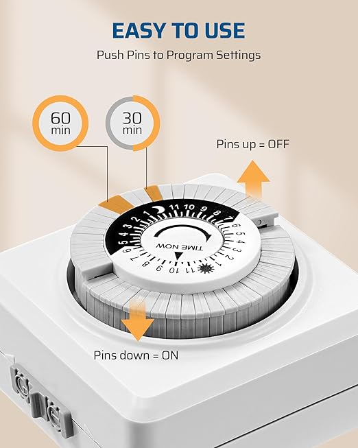 DEWENWILS Indoor Timers for Electrical Outlets, 24 Hour Cycle Plug-in Mechanical Timer, 30-Minute Intervals, 1 Polarized Outlet, for Christmas Lights, Room Lights, ETL Listed, 2 Pack