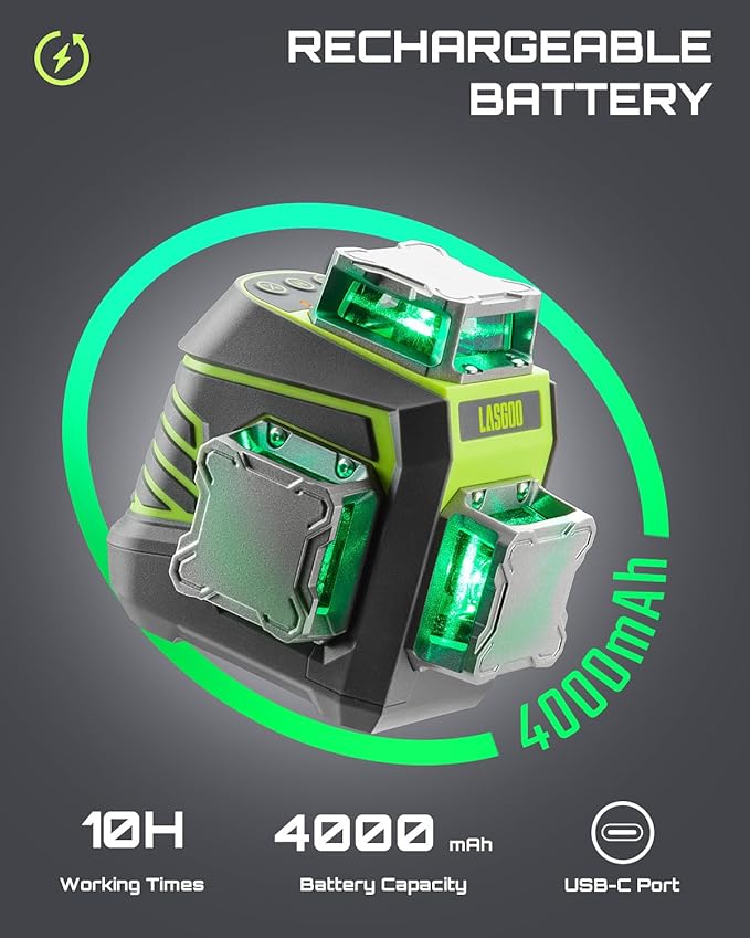 Laser Level 3x360° Self Leveling, 3D Green Cross Line Laser for Construction and Picture Hanging, Rechargeable Battery, Remote Control, Magnetic Rotating Stand Included - LG-3Dx