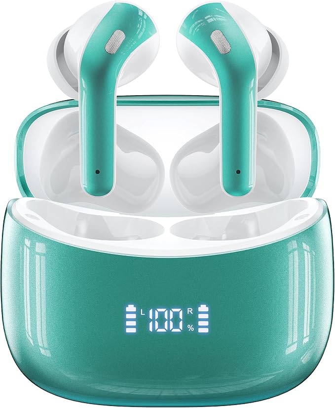 Wireless Earbuds, Bluetooth Ear Buds Headphones, 60H Long Playtime, Stereo Deep Bass, LED Power Display, IPX7 Sport Waterproof, Lightweight in-Ear Earphones with Mic for iPhone Android PC TV Computer