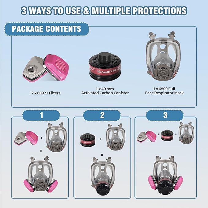 Full Face Gas Mask Respirator with 60921 & 40mm Activated Carbon Filters - Survival Nuclear and Chemical, for Welding Painting Mold Dust Epoxy Resin Polishing Reusable 6800