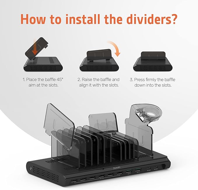 Alxum 96W 10 Port USB Charging Station for Multiple Devices, Multi Charge Station with QC 3.0 Fast Charge and 2 * 18W PD Charging Port for Laptops, Phones, Tablets, and More