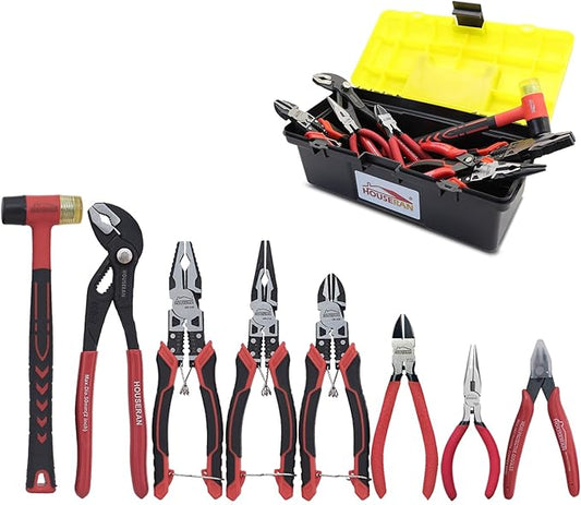 8-Piece Tool Set with Case Including 10” Groove Joint Pliers, 8.3” Long Nose, 8.3” Linesman, 7.5” Diagonal, 6” Flush Cutter, 5” Long Nose, 5” 170 Cutter, 25mm Rubber Mallet for DIY & Home Use