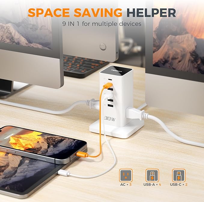 Charging Station 30W, TESSAN 9-in-1 Charger Blocks for iPhone 16/15/14/13, Tablets, Earphone with Surge Protector, 5ft Flat Extension Cord with 4 USB A, and 2 USB C for Home, Office, Drom, White