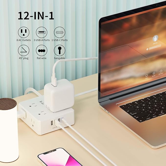 6 Ft Flat Extension Cord, Tcstei Ultra-Thin Flat Plug Surge Protector Power Strip, 3-Sided Outlet Extender, 8 AC Outlets and 4 USB Ports(1 USB C) for Home, Office, Dorm Room Essentials, ETL, White